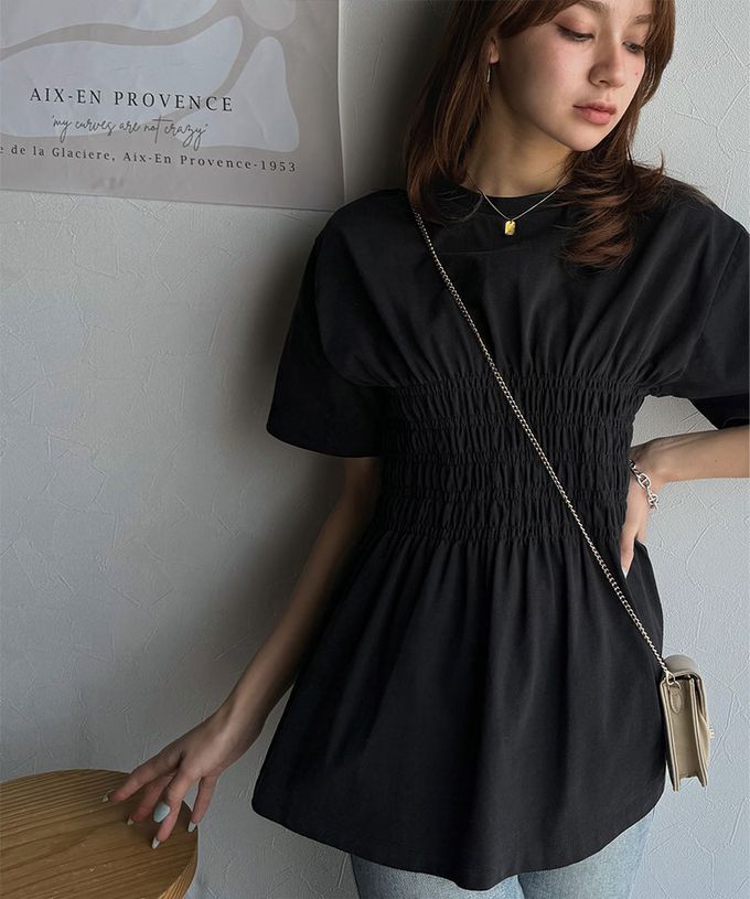 日本 Classical Elf - 魅力腰皺摺修身短袖上衣-淺棕