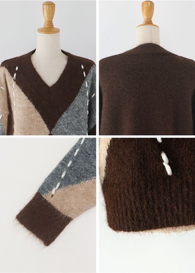 日本 BLUE EAST - 成熟菱格紋幾何V領針織上衣-咖啡系 (M)