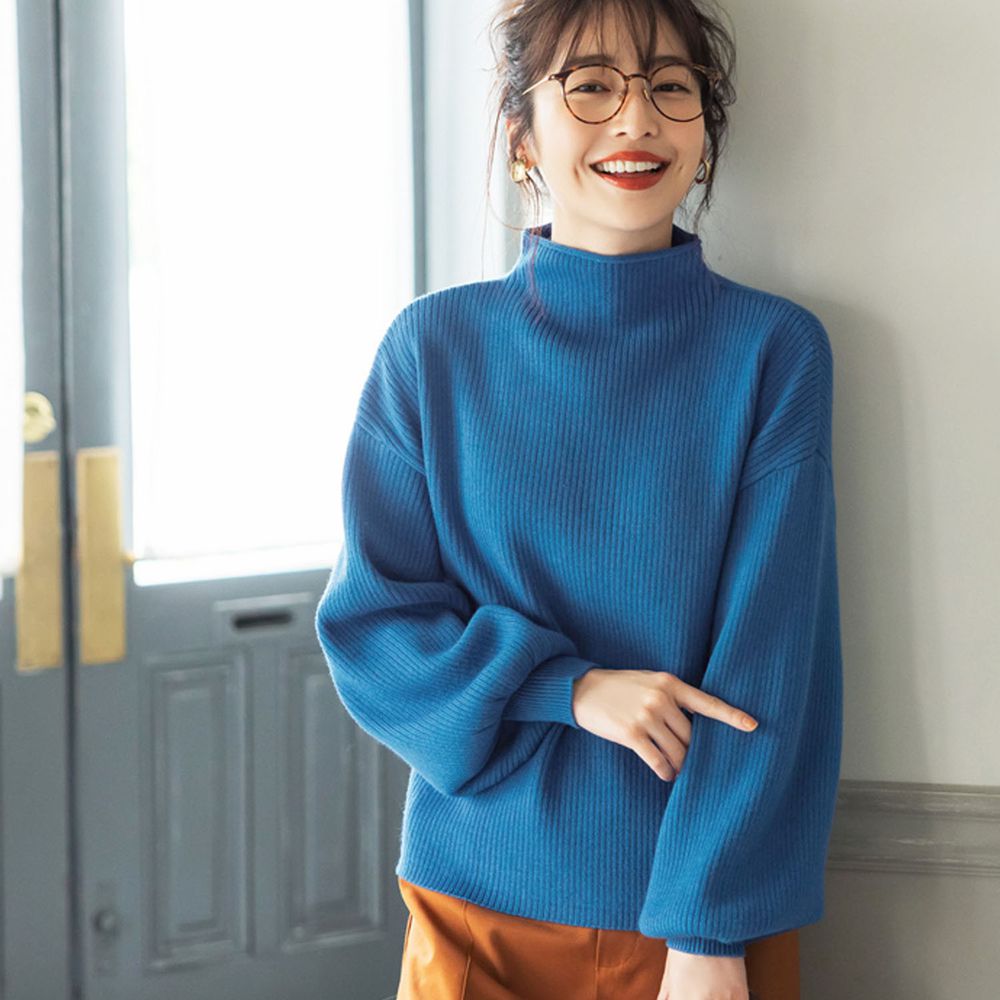 日本 COCA - 細坑紋立領寬鬆落肩針織毛衣-正藍