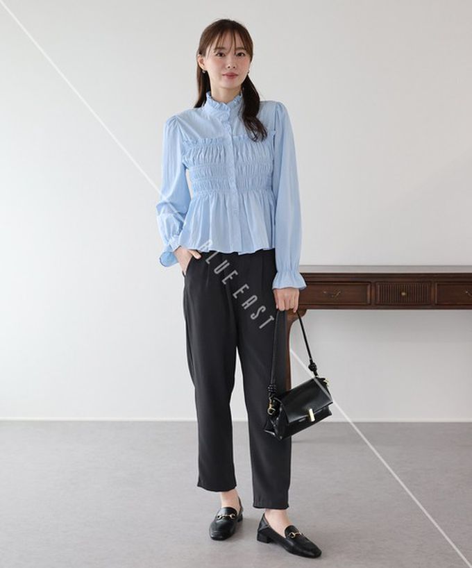 日本 BLUE EAST - 小立領荷葉皺摺束腰長袖襯衫-白