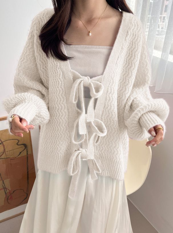 日本 GRL - 甜美綁帶開襟針織外套-淺粉 (F)