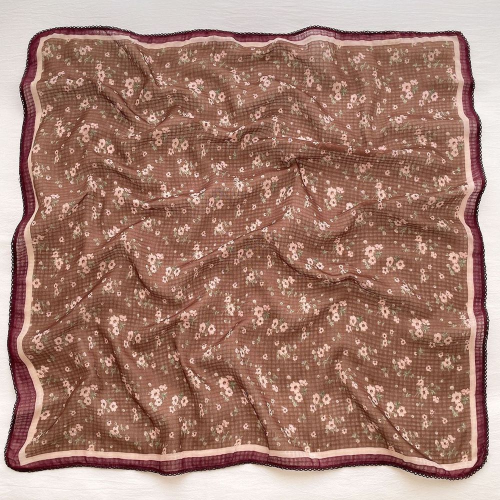法式棉麻披肩方巾-粉紅小花-咖啡色 (90x90cm)