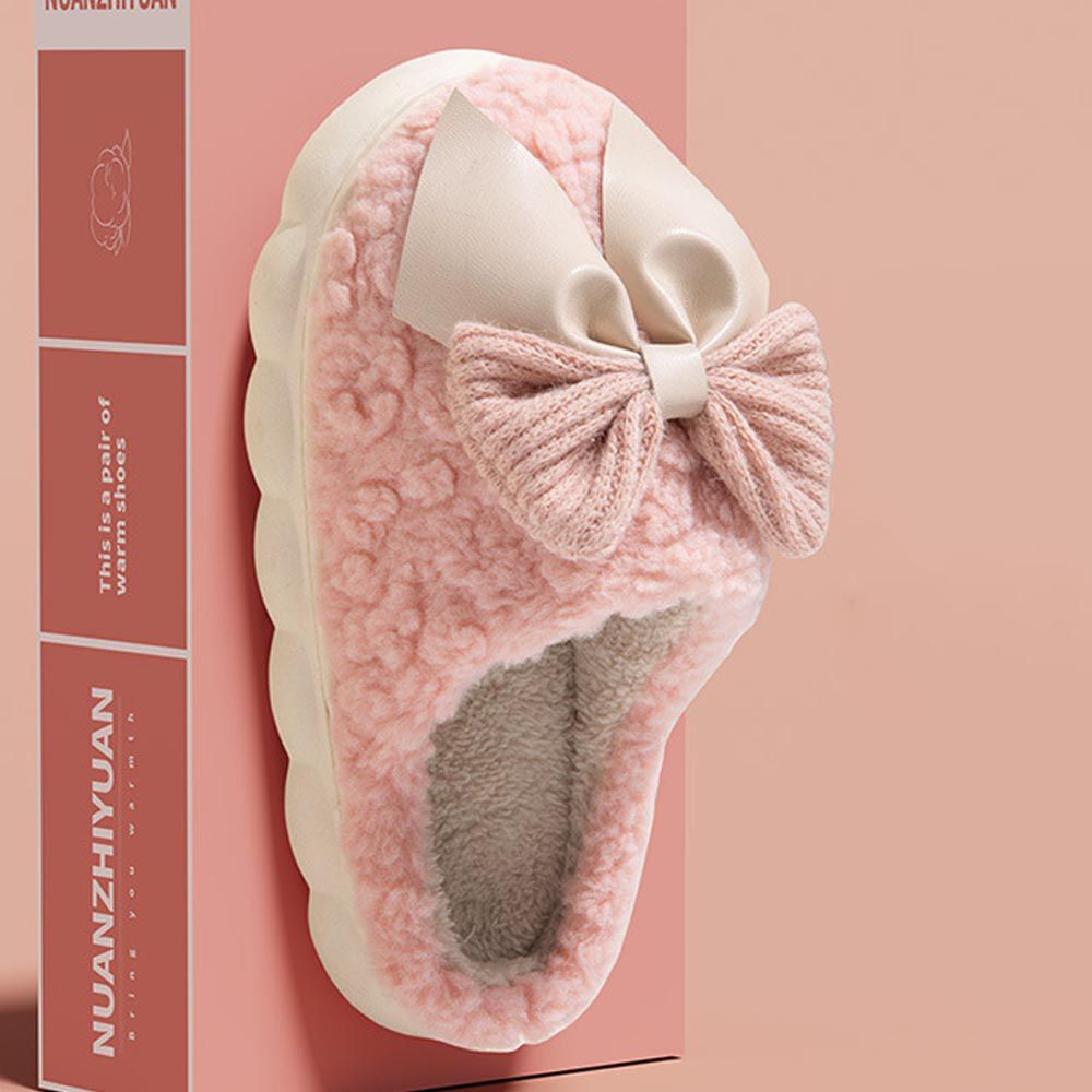 毛絨厚底防滑保暖室內拖鞋-蝴蝶結-粉色