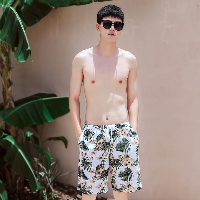 男士泳褲-復古葉片-棕+綠+白