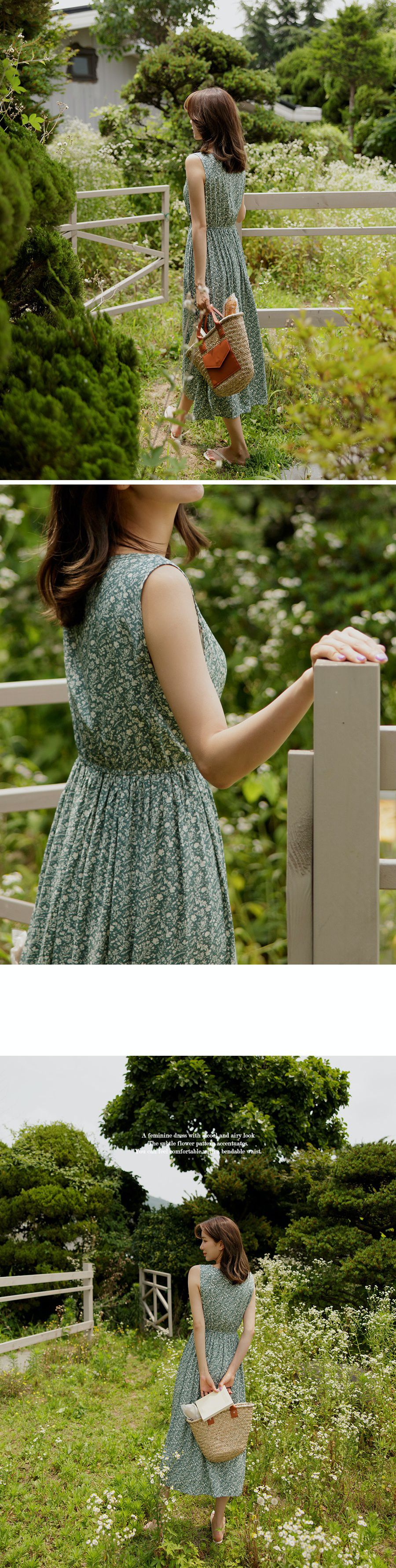 韓國 Urbantheroom - 單色碎花無袖縮腰長洋裝-藍 (Free)