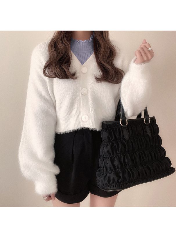 日本 GRL - 百搭木耳領羅紋長袖上衣-白