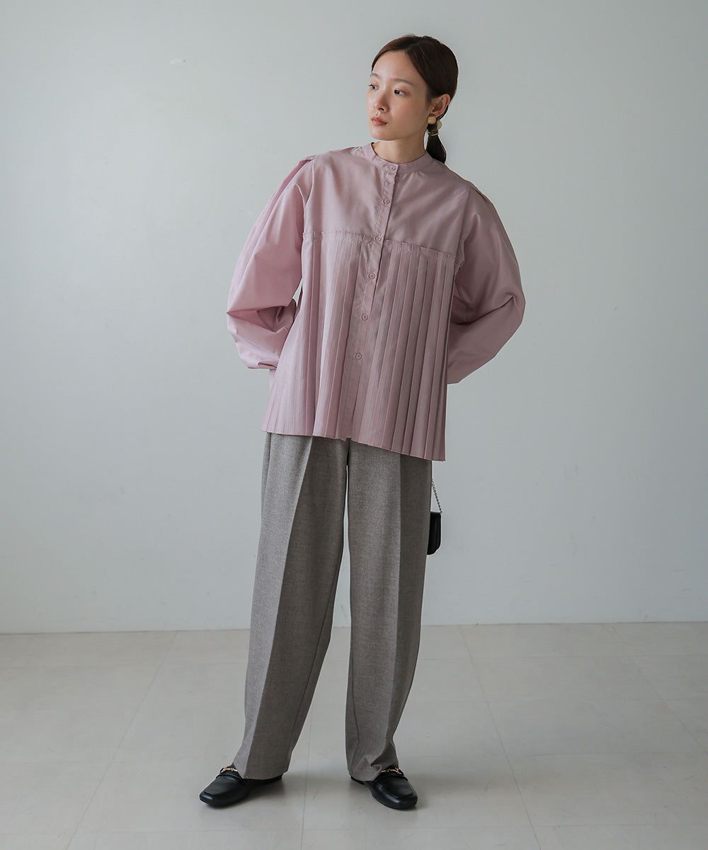 日本 Bab - 歐風百褶拼接泡泡袖襯衫-灰棕