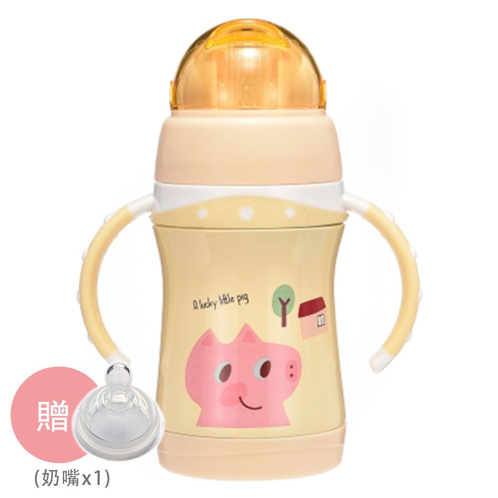BABY TALK - 可愛動物不鏽鋼2用水杯-兒童水壺-㣲笑豬-鵝黃色 260ml-獨家贈替換奶嘴*1