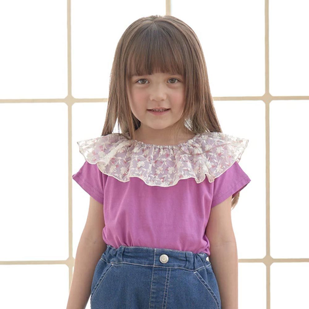 日本 Lycee mine - 俏麗蕾絲花荷葉領短袖上衣-莓果紫