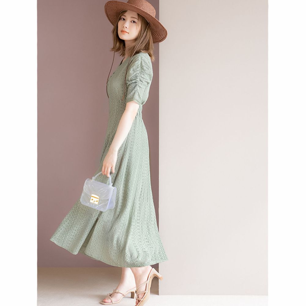 日本 GRL - 明星聯名款 復古蕾絲雕花短袖洋裝-清新綠