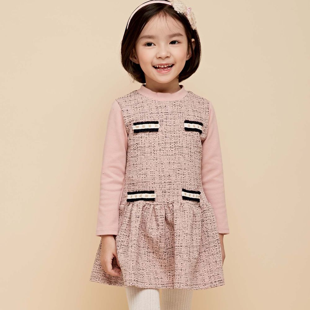 韓國 Coco Bang - 假兩件異材質氣質洋裝-粉紅