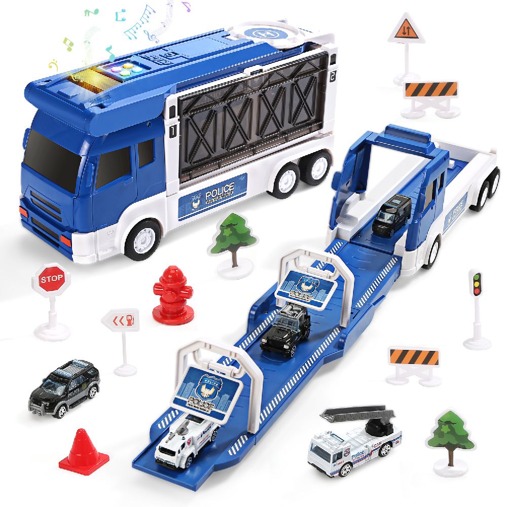 CuteStone - 兒童聲光變形警察運輸車套裝玩具20件組