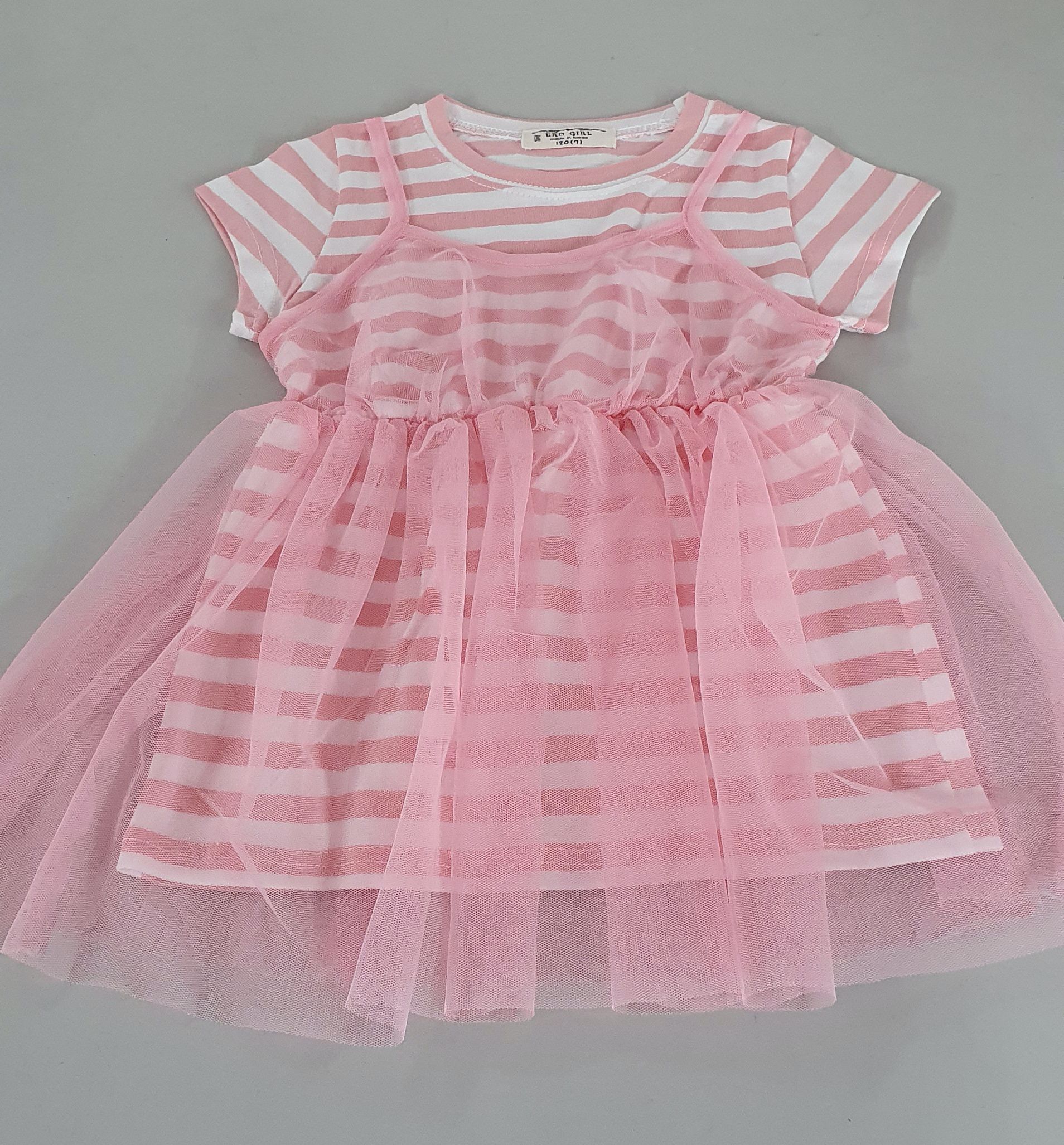 韓國 ERU - 假兩件條紋網紗洋裝-粉紅