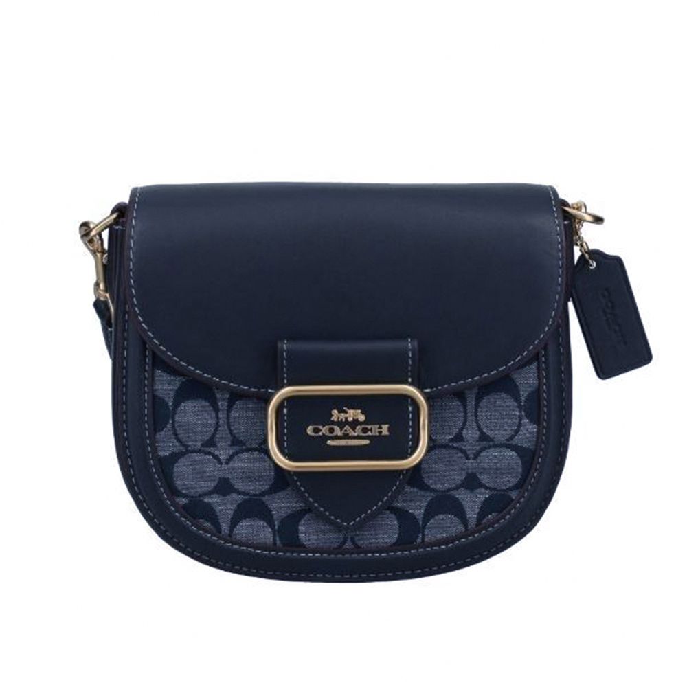 滿版LOGO翻蓋皮革馬鞍斜背包 (丹寧深藍)