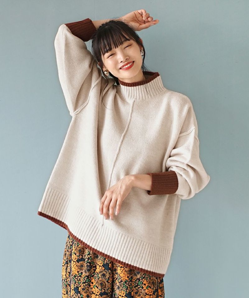 日本 zootie - 滾邊撞色落肩針織毛衣-淺灰