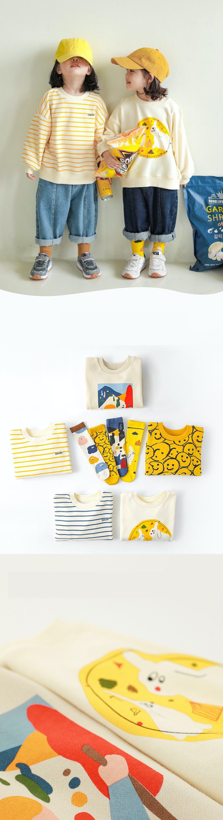 休閒印花圓領長袖上衣-塗鴉插畫-杏色