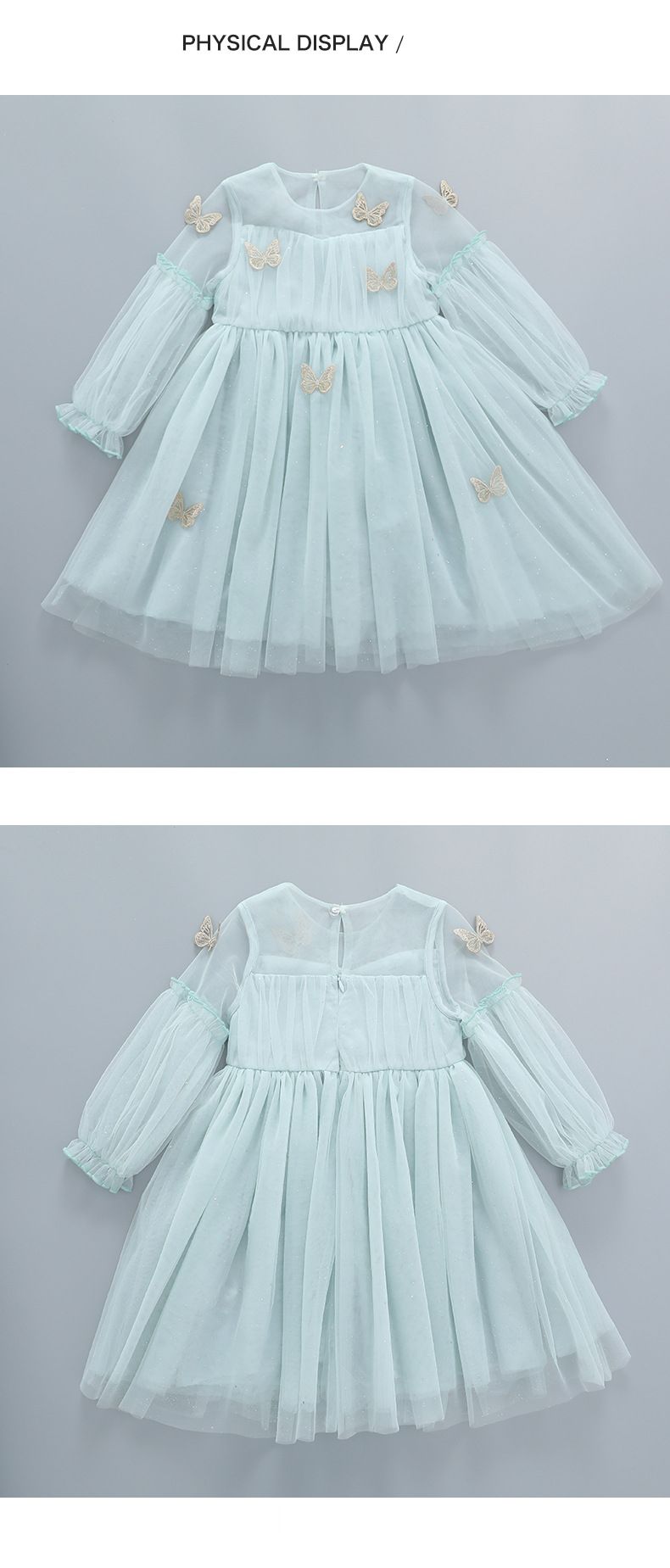 Little Deeyoo - 小仙女七分袖網紗連身洋裝-立體蝴蝶-藍色