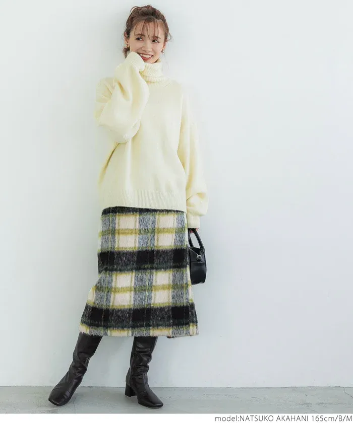 日本 COCA - 慵懶毛呢格紋鬆緊長裙-綠米