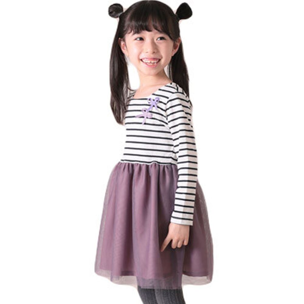 日本 TORIDORY - 條紋薄紗拼接長袖洋裝-白底X灰紫