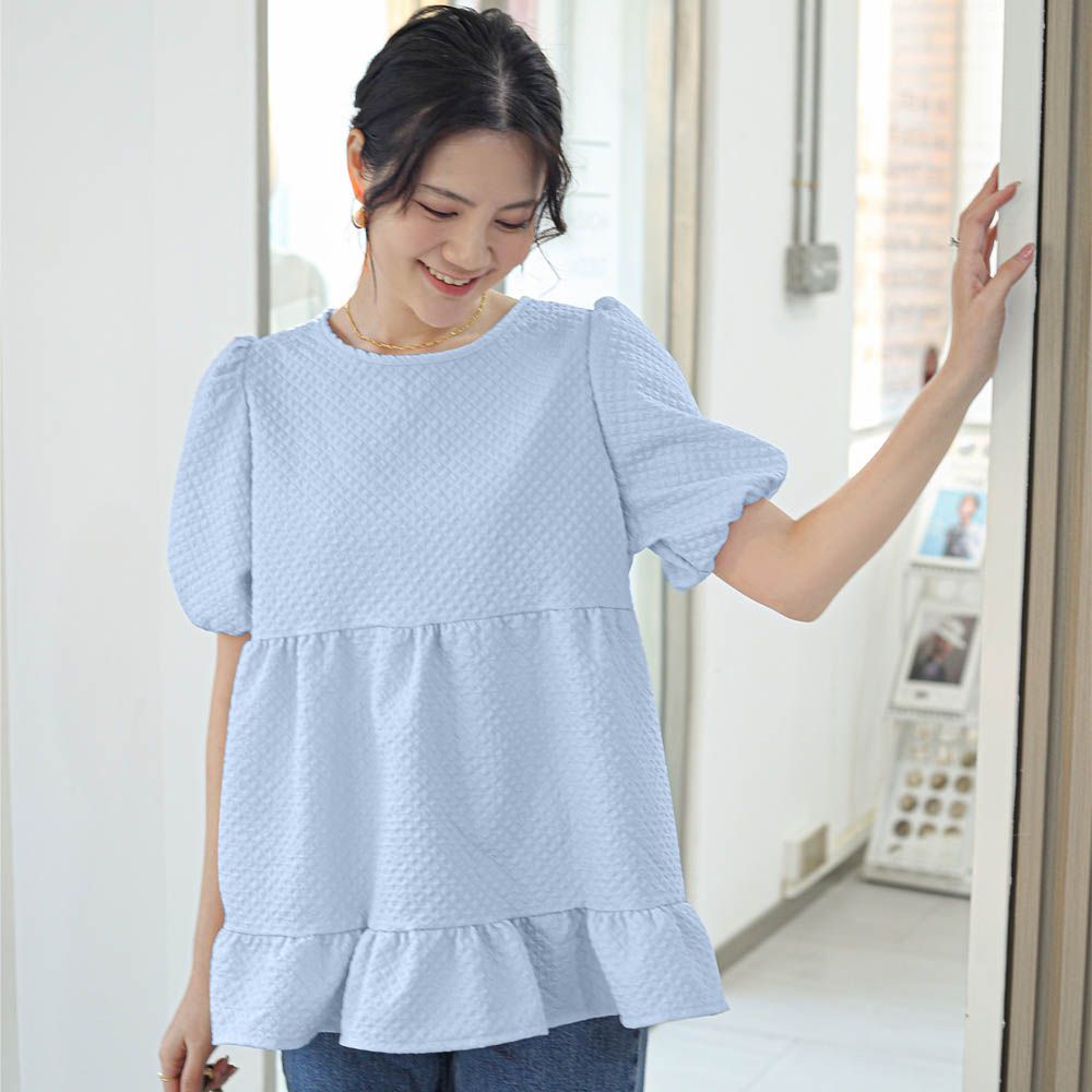 甜美減齡荷葉邊泡泡袖上衣-藍色