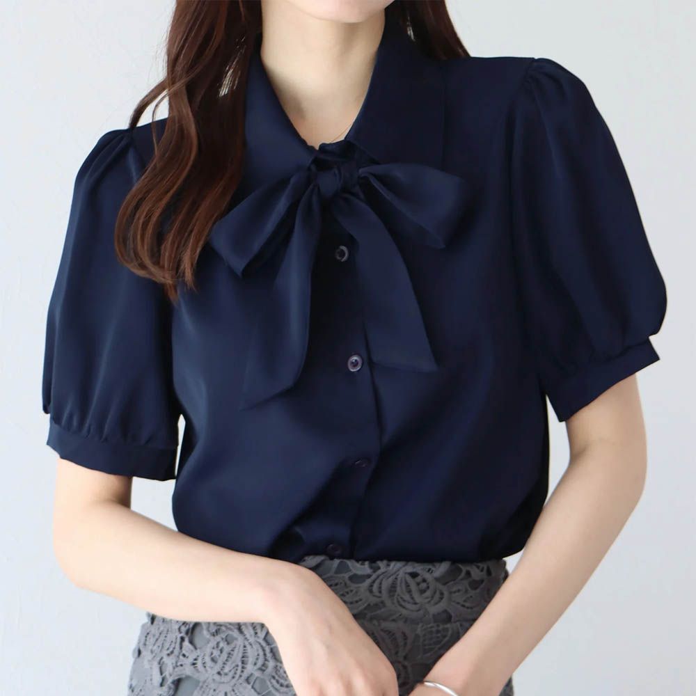 氣質蝴蝶結雪紡小澎袖襯衫-深藍