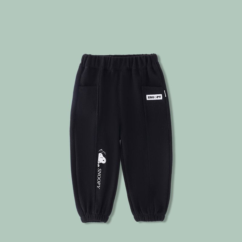 卡通人物史努比腰鬆緊束口運動褲-偷看的SNOOPY-黑色