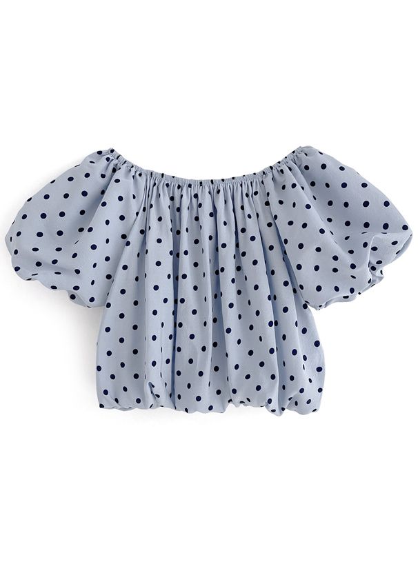 日本 GRL - 可愛泡泡袖點點短版上衣-淺米杏 (M)