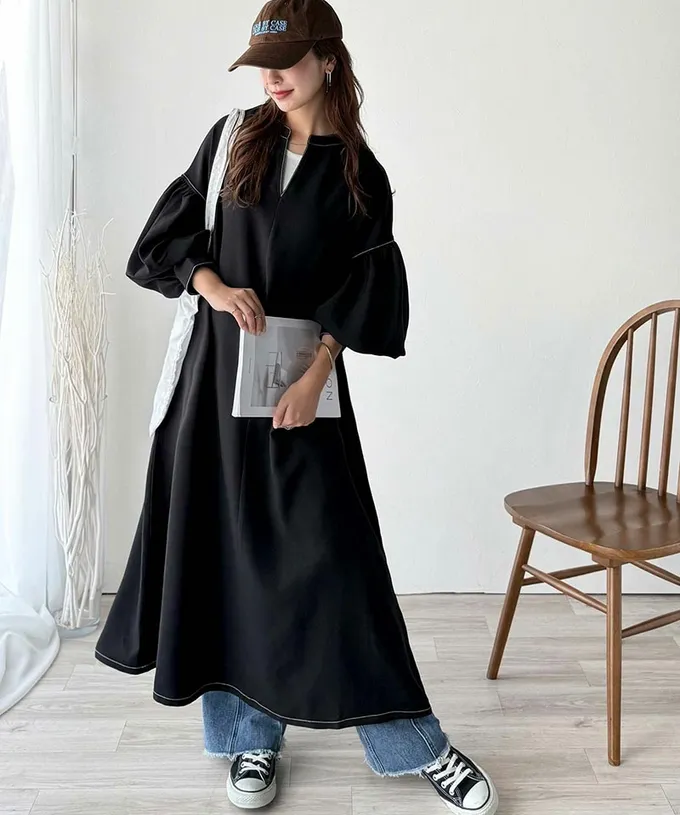 日本 Classical Elf - 鑰匙領氣質澎澎腰綁帶長袖洋裝-海軍藍