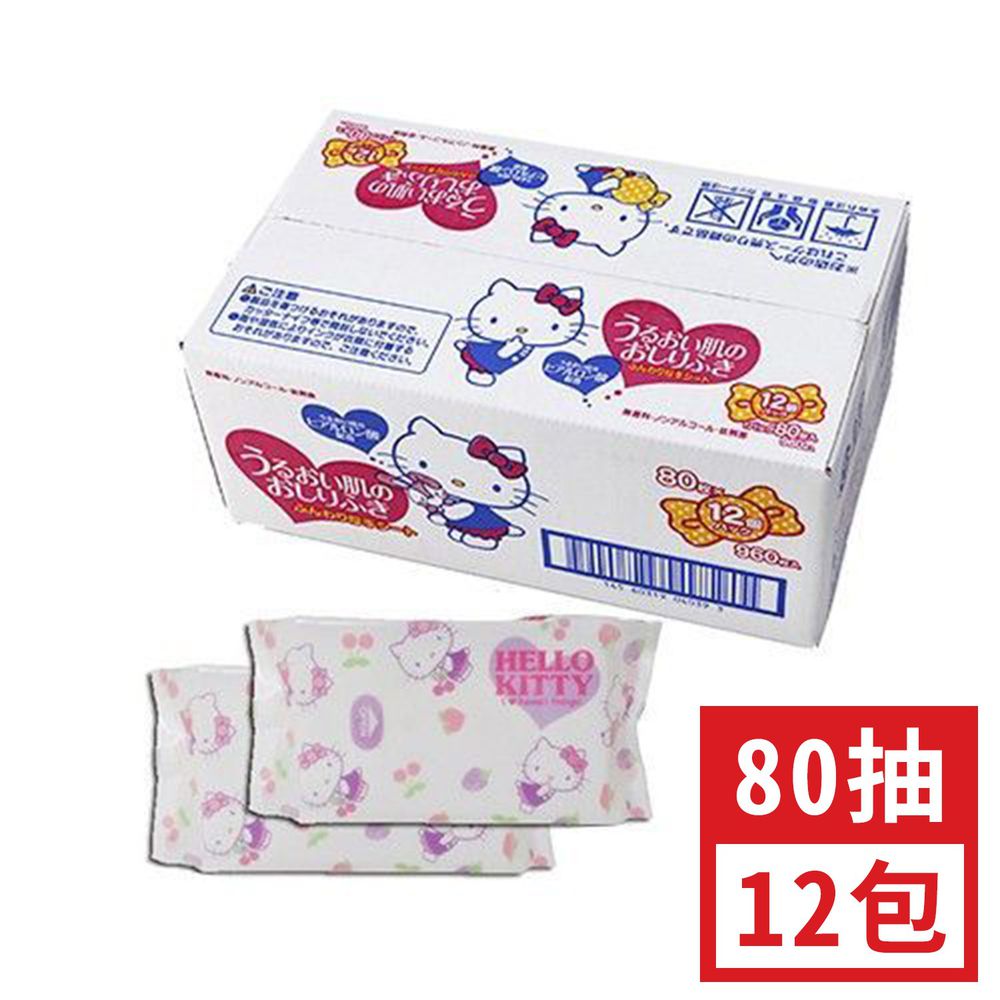日本 LEC - 純水 99% 濕紙巾-Hello Kitty 凱蒂貓箱購特價組-80抽x12包入