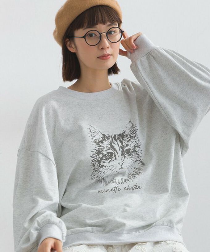 日本 Lupilien - 線條貓咪印花裏毛長袖上衣-酒紅