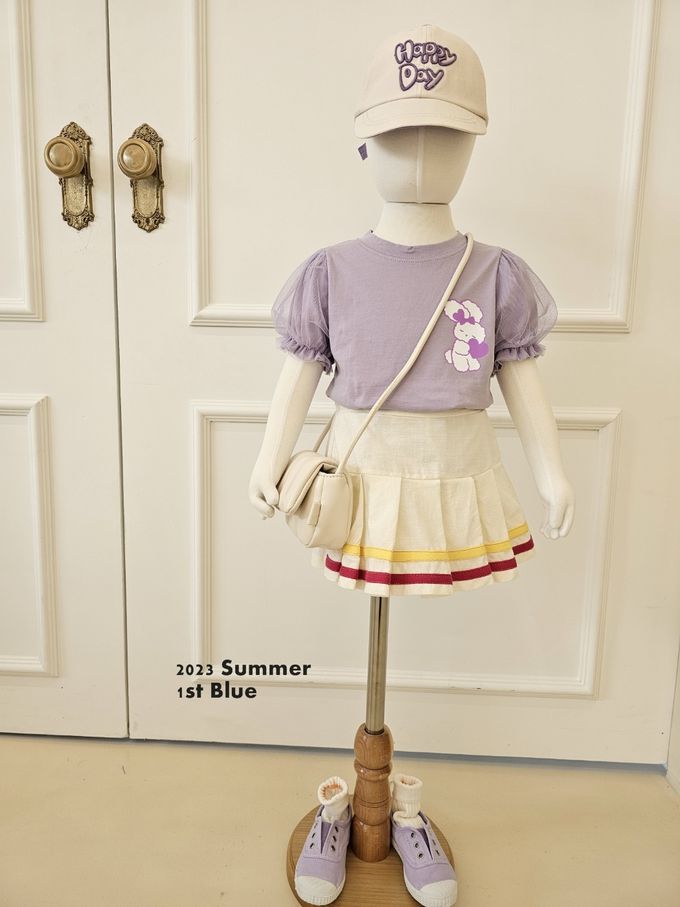 韓國 First Blue - 鬆緊腰運動風百摺褲裙-象牙白