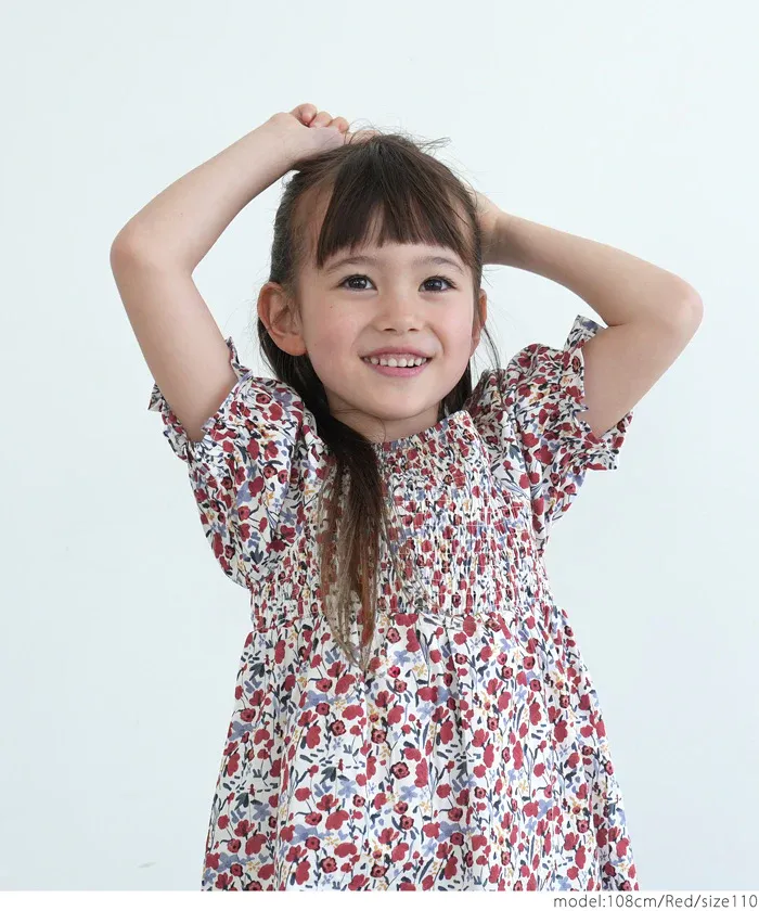 日本 COCA - 歐風碎花泡泡短袖上衣-孩子-洋紅