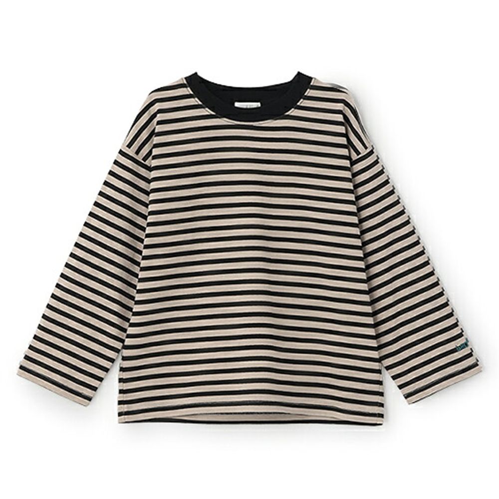 100%棉 寬鬆落肩定番條紋長袖上衣-卡其