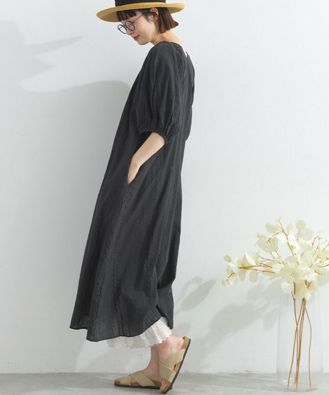 日本 Lupilien - 前後2way 印度棉泡泡袖輕盈洋裝-墨灰條紋