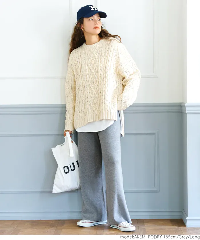 日本 COCA - 百搭美腿針織彈性垂墜寬褲-軍綠