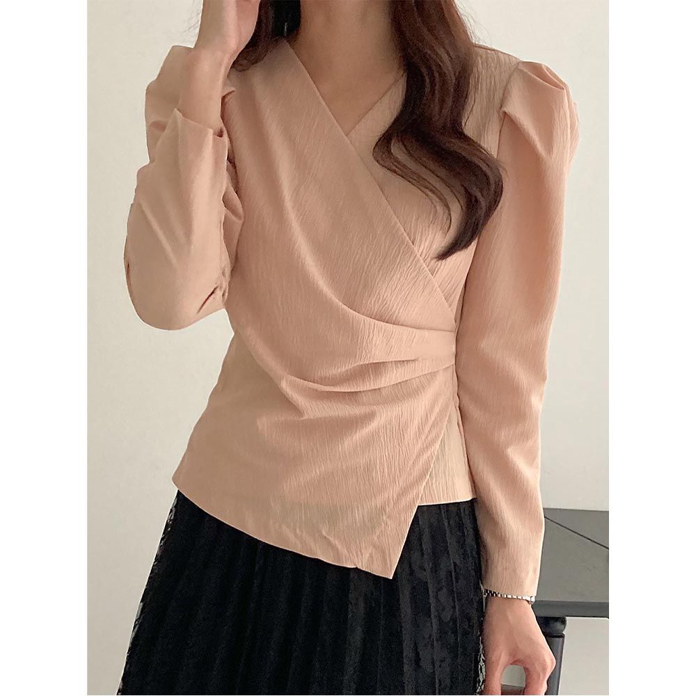 韓國女裝連線 - 柔美V領不規則點上雪紡襯衫-粉紅 (FREE)