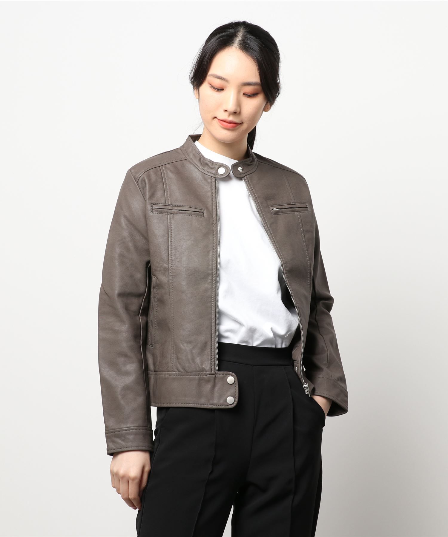 日本 Riche Glamour - 帥氣仿皮皮衣-上下釦-焦糖