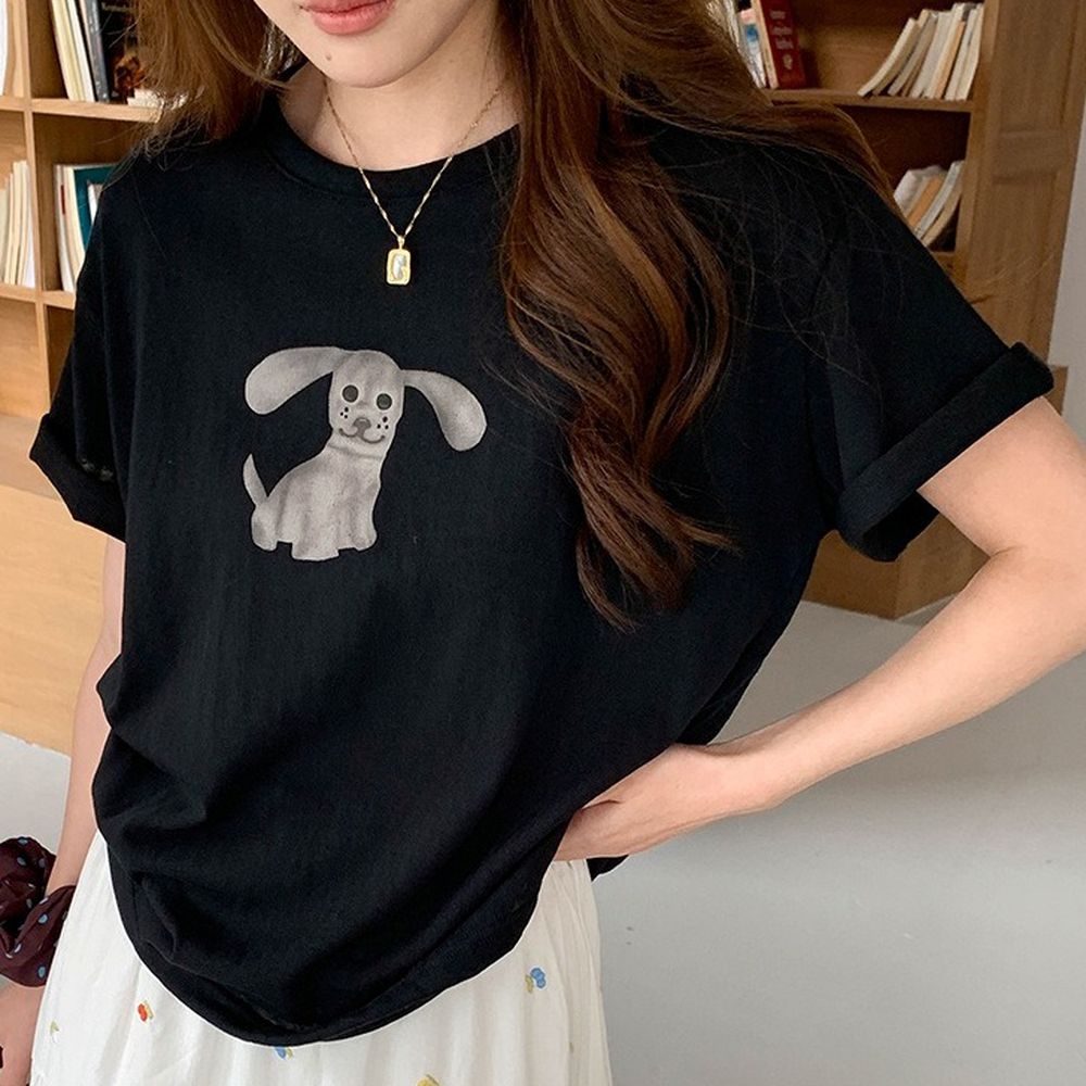 寬鬆落肩短袖上衣-趣味卡通小狗-黑 (F)