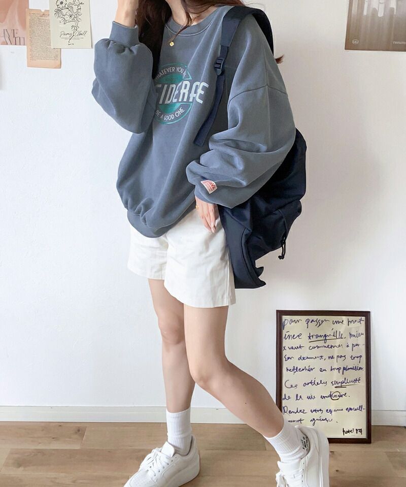 日本 Classical Elf - 水洗復古感印花寬鬆大學T-灰藍