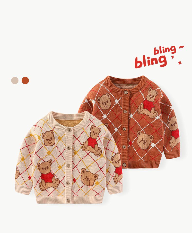 純棉圓領針織排釦外套-熊熊-卡其色