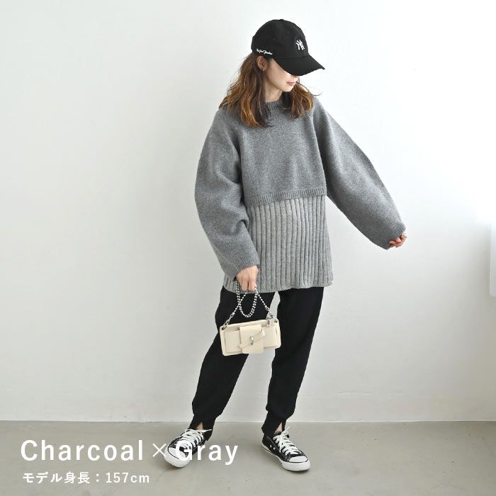 日本 ihuu - [熱銷款] 針織拼接後綁帶氣球袖毛衣-淺灰