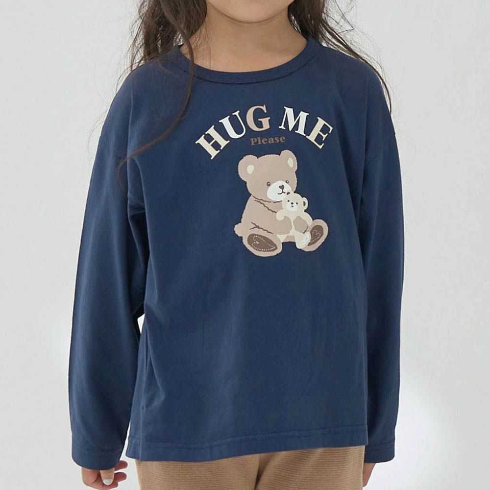 100%棉 可愛少女印花長袖上衣-熊熊-靛藍