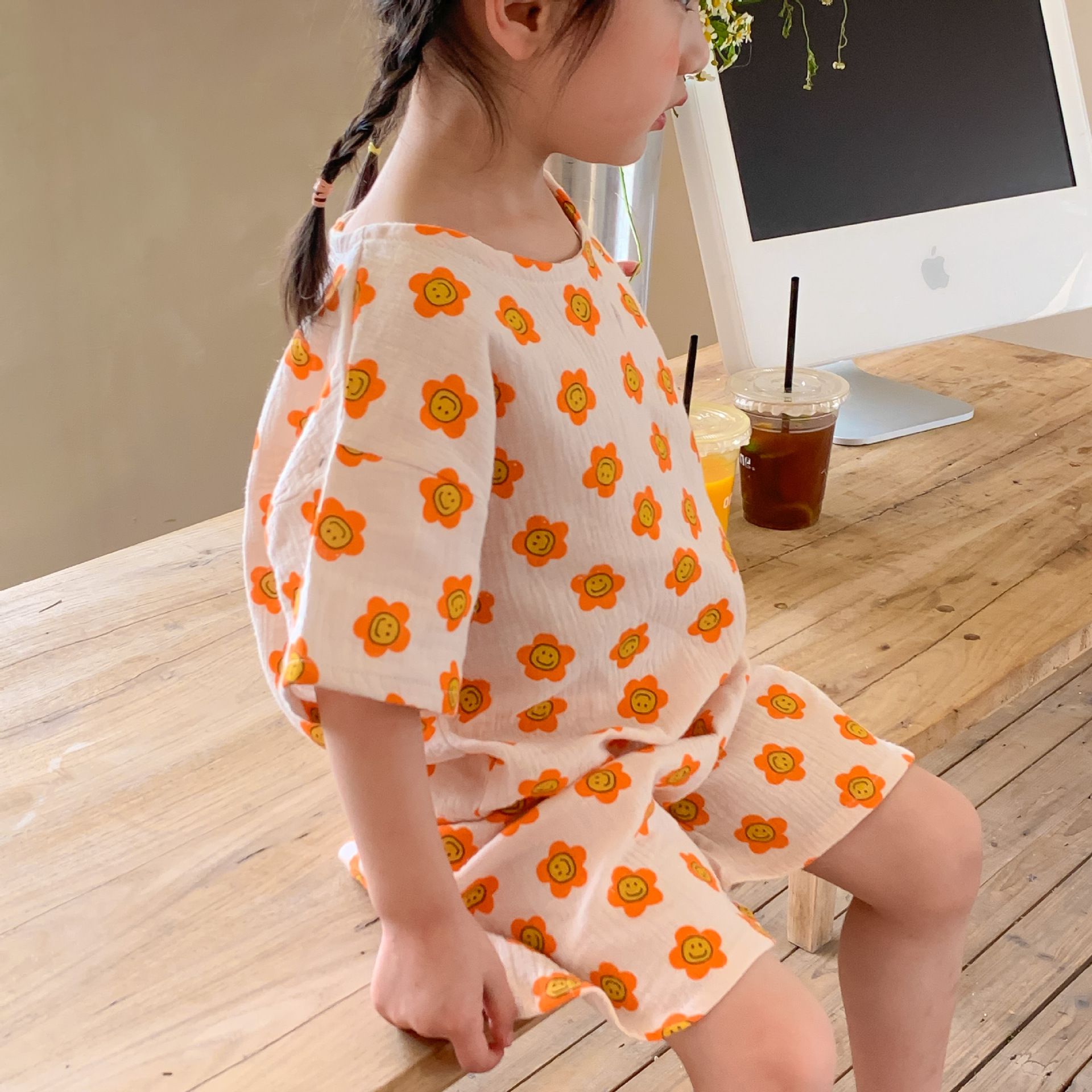 紗布棉短袖家居服套裝-小碎花-奶油色