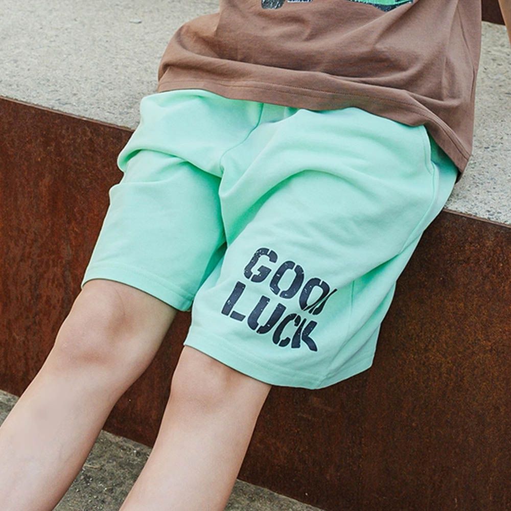 鬆緊腰GOOD LUCK過膝棉褲-湖水綠