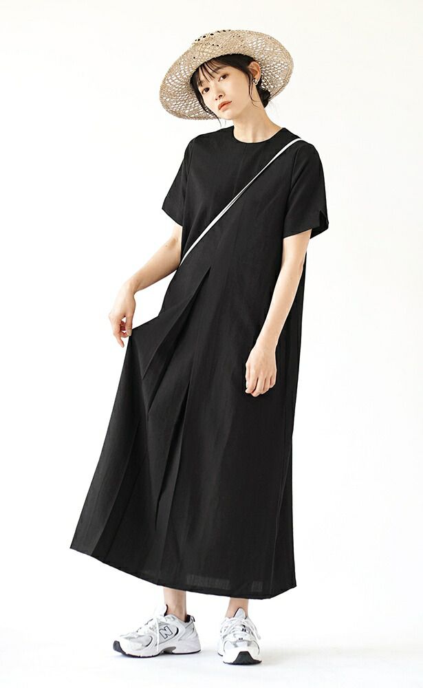 日本 zootie - 亞麻感俐落剪裁短袖洋裝-黑