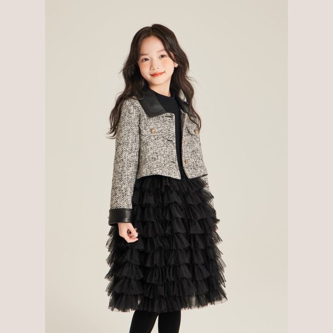 法式輕奢小香風花呢仿皮革領袖口短版夾克 女童小香風帥氣夾克