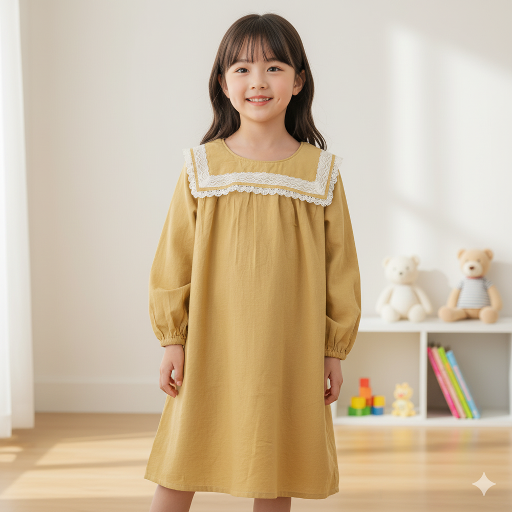 水手領洋裝-淺卡其色