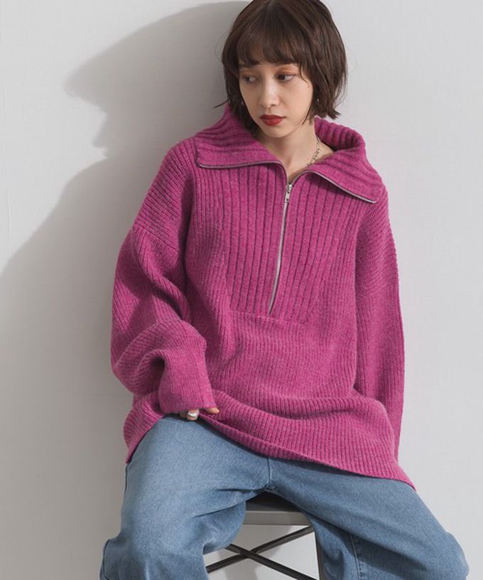 日本 ELENCARE DUE - 優雅線條感半拉鍊長版針織高領上衣-藍