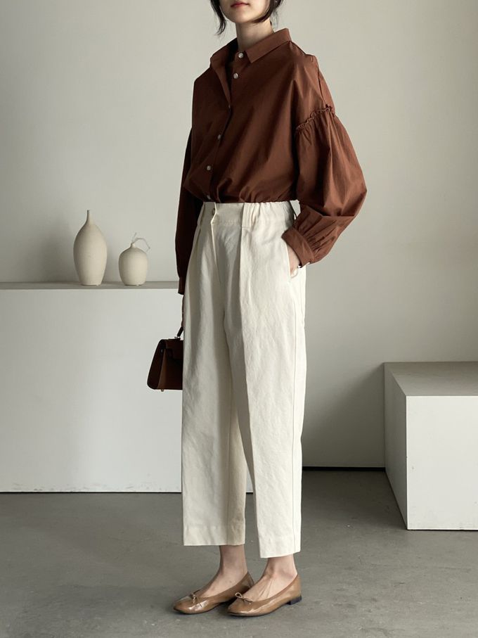 韓國女裝連線 - 極簡拼接翻領長袖襯衫-咖啡紅 (FREE)