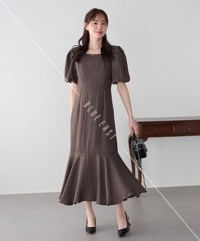 日本 BLUE EAST - 優雅方領後綁帶泡泡袖魚尾洋裝-波點-咖啡 (M)